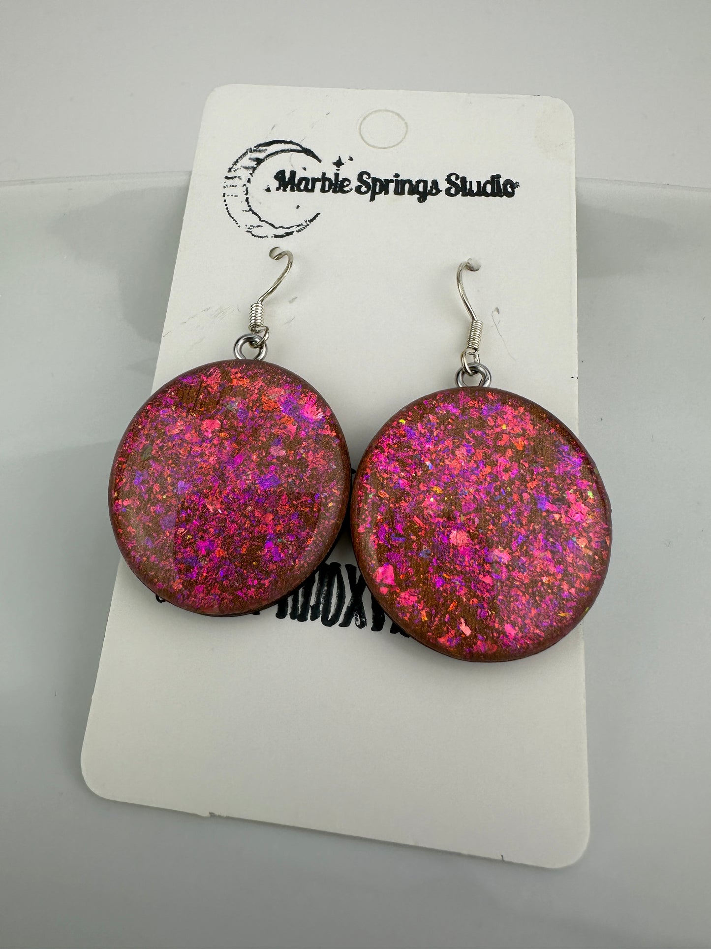 Deep rose gold & color shift flakes with domed resin earrings