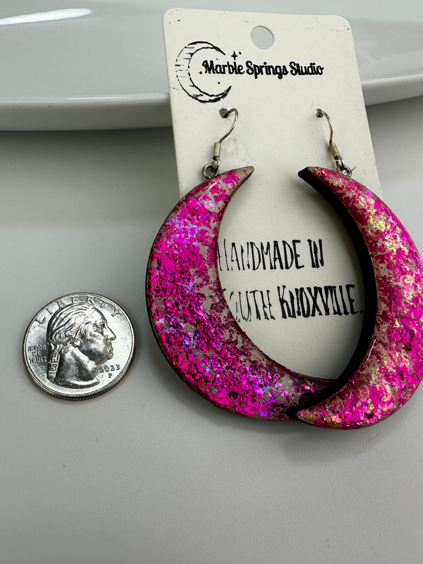 Hot pink and iridescent moon earrings