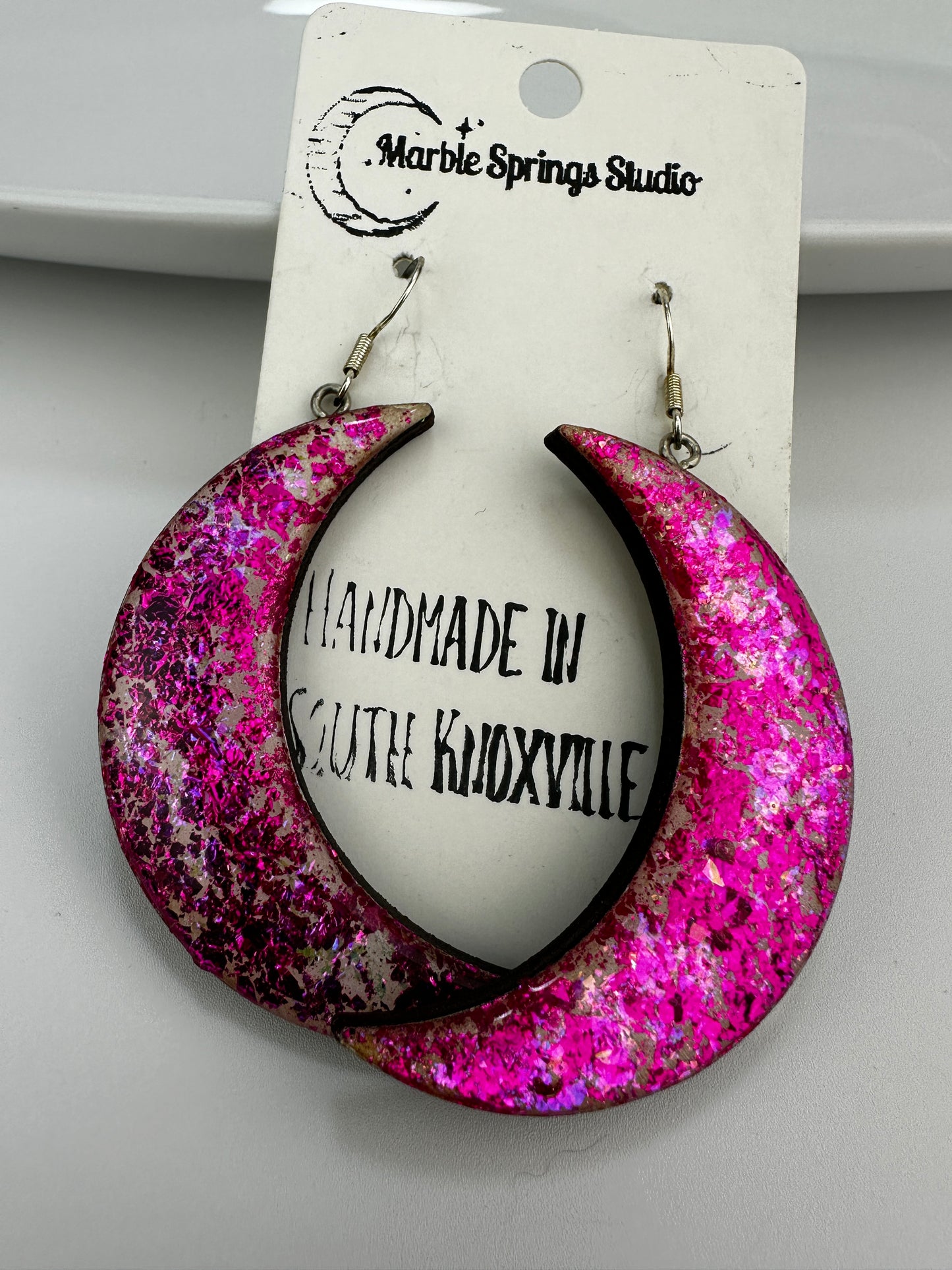 Hot pink and iridescent moon earrings