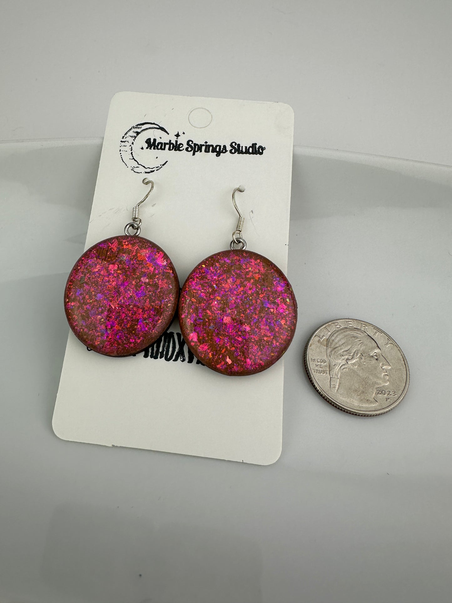 Deep rose gold & color shift flakes with domed resin earrings